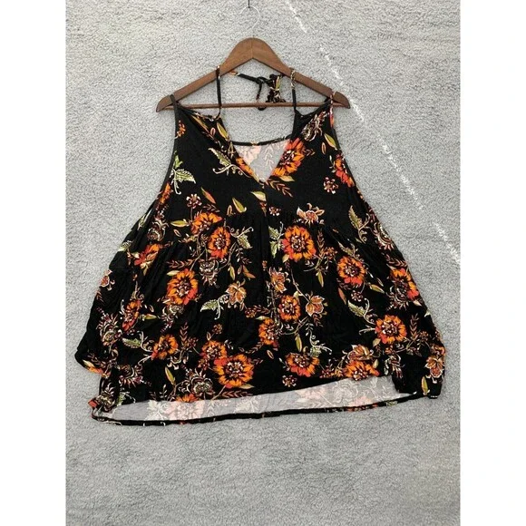 TORRID 5 Spaghetti Strap Black Orange Floral Tiered Tie-Neck Blouse Top Drapey - Picture 6 of 10